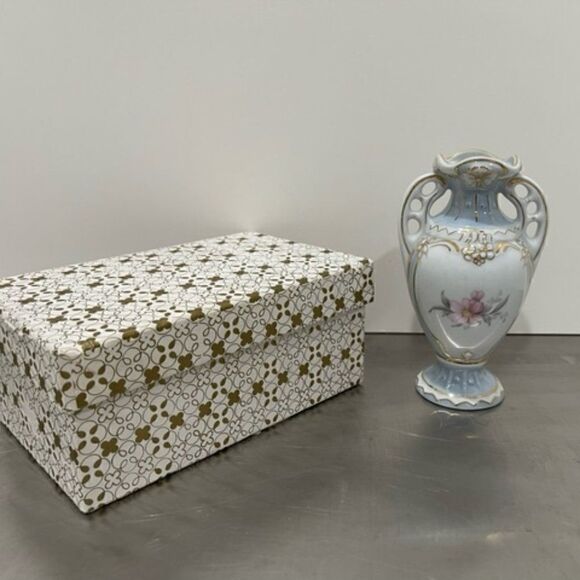 Vintage Royal Dux Bohemia Urn Vase Blue White Gold Pink Flower New Old Stock - - Picture 1 of 8
